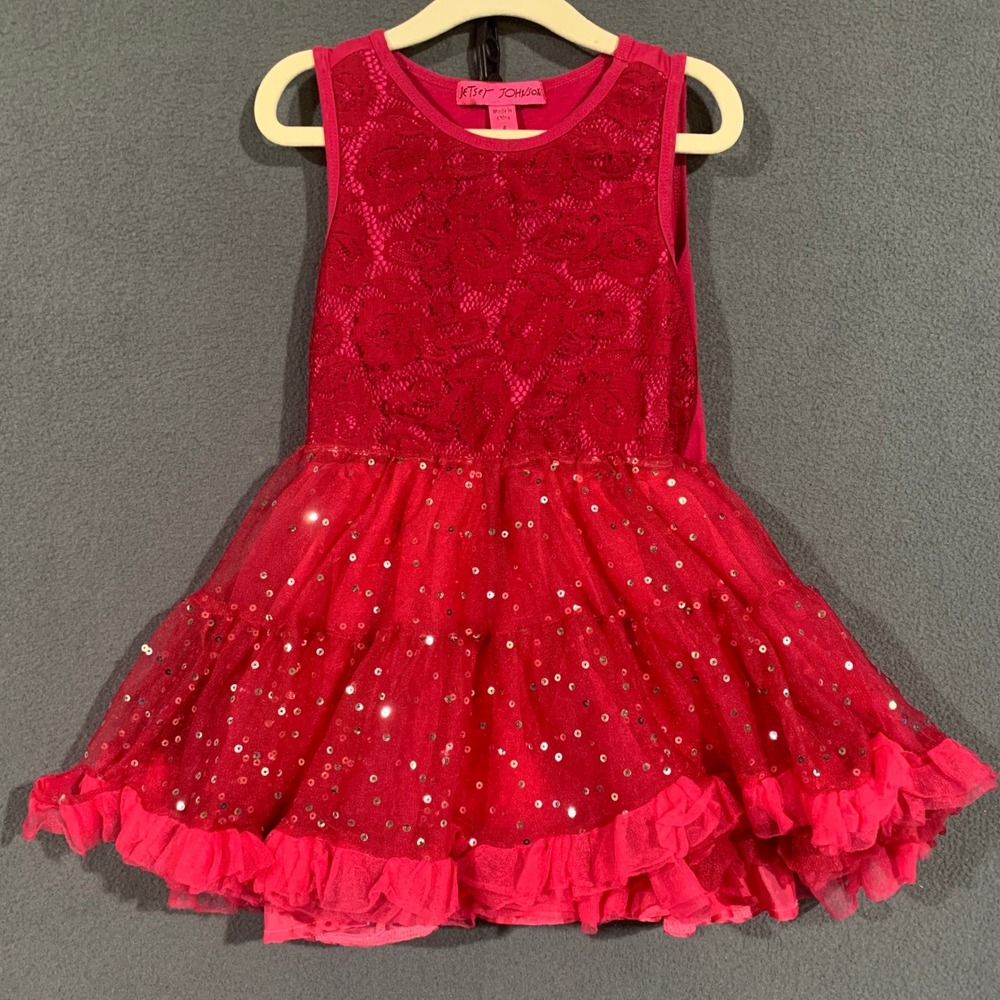 Betsey Johnson Kids Dress Size 4 Fuschia Pinkβ Lace Sequined Ruffle Tulle Party